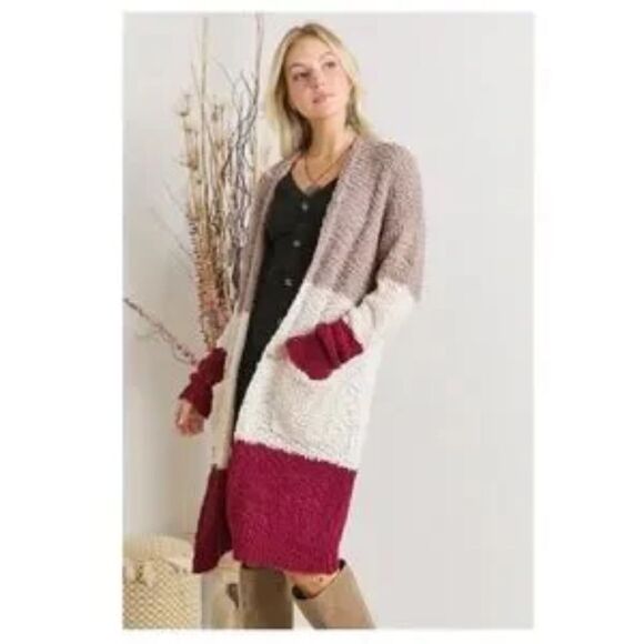 Cardigan Popcorn-Textured Color-Block Wine/Tan/Cream Medium-Large - Picture 5 of 5